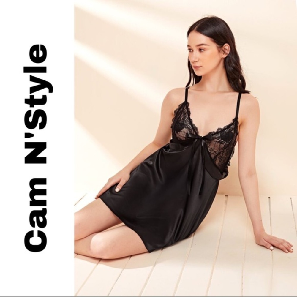 New Black Satin Silk-Like Lace Nightgown​ - Picture 2 of 4